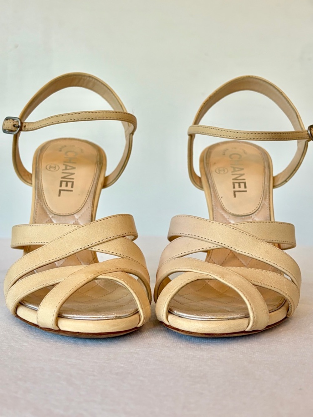 CHANEL Leather Strappy heels, Interlocking Strass CCs,quilted int, nude, 37, GUC - Picture 3 of 14